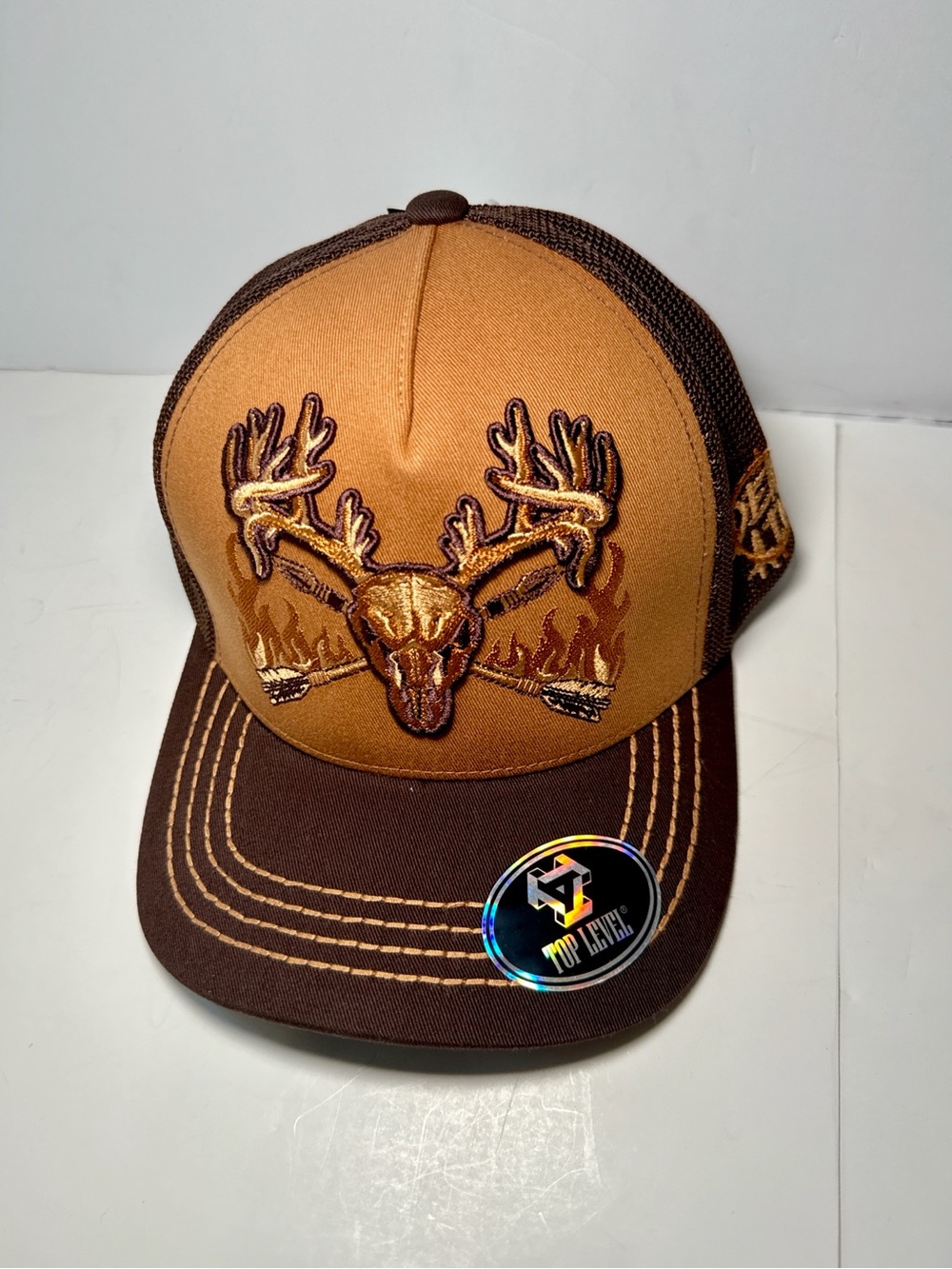 Top Level Deer Skull Snapback Hat Brown Tan Hunting Trucker Cap Adjustable New